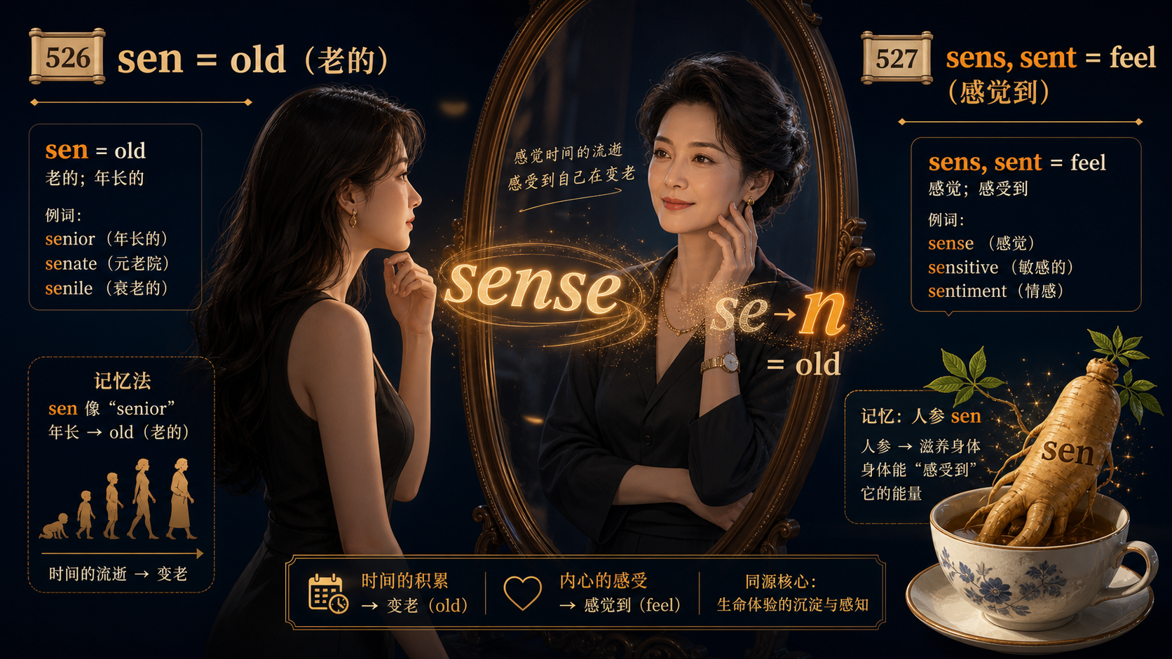 sen, sens, sent 老的